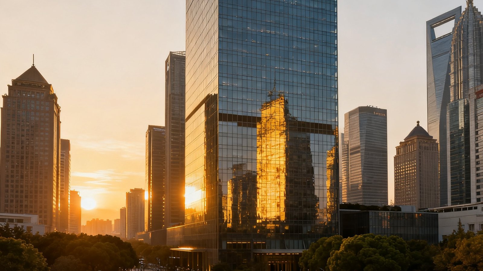 上海浦东陆家嘴金融贸易区一座38层现代化玻璃幕墙办公楼，楼顶安装有XPJ集团金色立体标识，傍晚时分夕阳余晖映照在建筑外立面上，前景是精心修剪的绿化景观带与一座圆形喷泉广场，周围高楼林立展现国际金融中心的繁华气象。