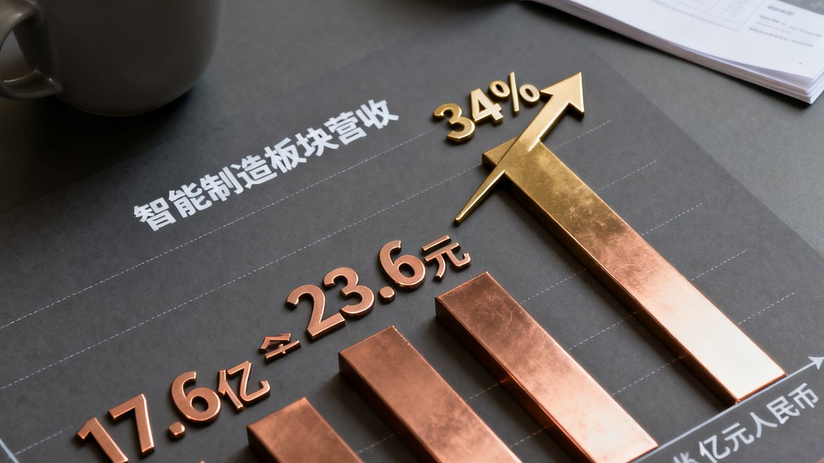 一张财务数据图表特写，柱状图显示智能制造板块营收从17.6亿增长至23.6亿元人民币，同比增长34%的箭头标注为醒目的铜金色，图表背景为深灰色商务桌面，旁边放着一杯咖啡和一份打开的纸质报告。