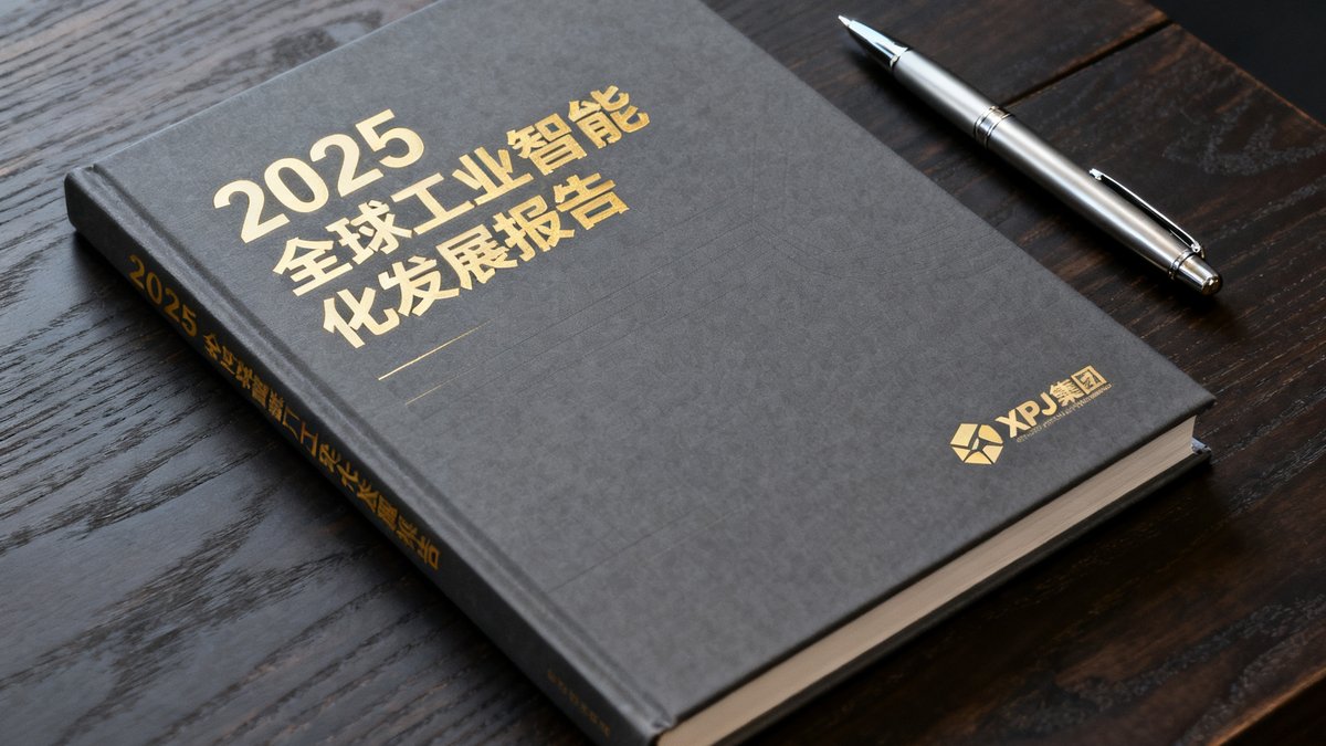 一本精装行业白皮书平放在深色木质桌面上，封面为深灰色调，标题烫金印字'2025全球工业智能化发展报告'，封面右下角印有XPJ集团标识，旁边摆放着一支银色钢笔，构图简洁专业。