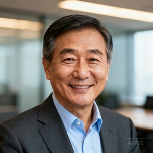一位五十岁左右的东亚男性高管肖像照，身着深灰色西装搭配浅蓝色衬衫，短发整洁，面带微笑，背景为模糊的现代化办公室环境，光线柔和自然。