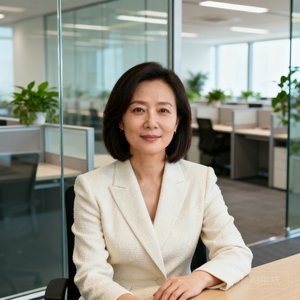 一位三十五岁左右的中国女性企业高管肖像照，留着及肩短发，身穿米白色商务套装，坐在玻璃隔断的现代化办公室内，身后是排列整齐的工位和绿植装饰，气质干练而温和。